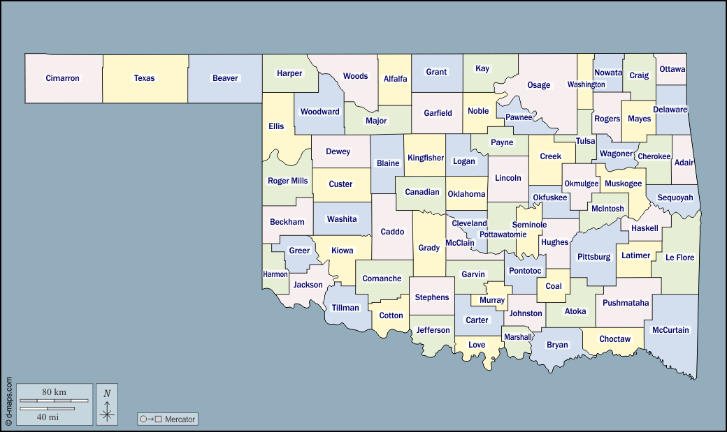 Oklahoma : d-maps.com: mappa gratuita, mappa muta gratuita, cartina muta gratuita : contorni, contee, nomi, colore