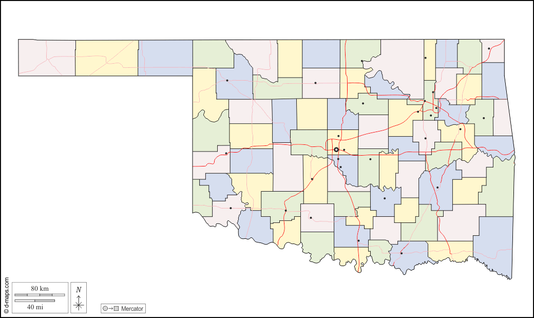 Oklahoma : d-maps.com: Kostenlose Karten, kostenlose stumme Karte, kostenlose unausgefüllt Landkarte, kostenlose hochauflösende Umrisskarte : Umrisse, Landkreise, Wichtige Städte, Straßen, Farbe, weiß