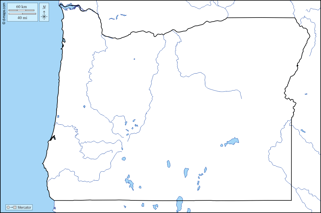 Oregon : d-maps.com: mappa gratuita, mappa muta gratuita, cartina muta gratuita : litorali, limiti, idrografia