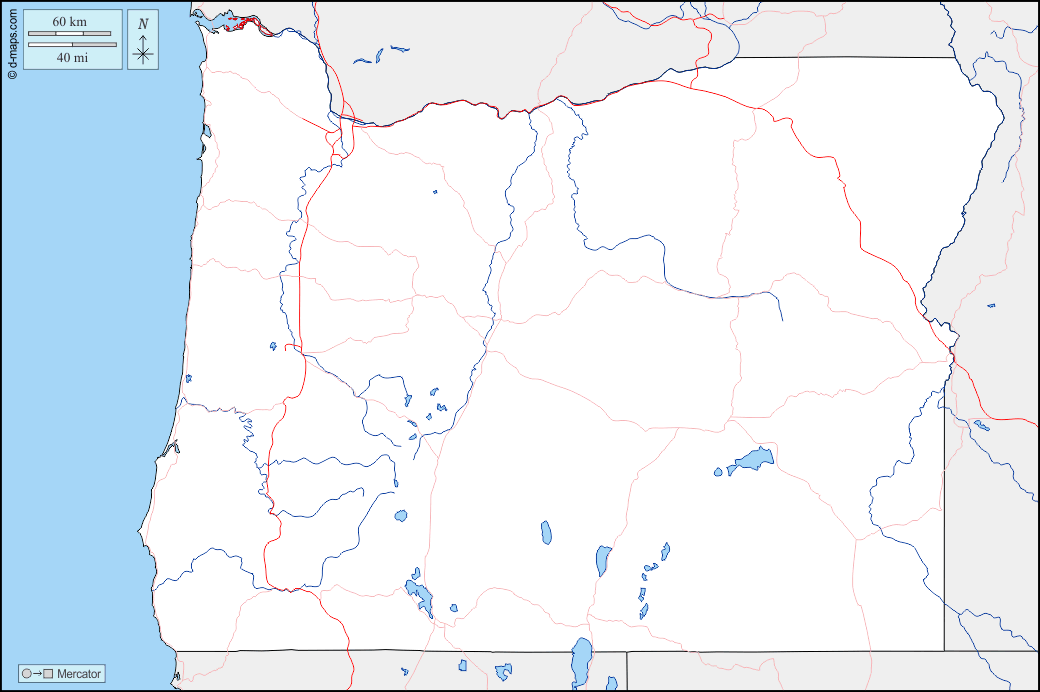 Oregon : d-maps.com: mappa gratuita, mappa muta gratuita, cartina muta gratuita : frontiere, idrografia, strade