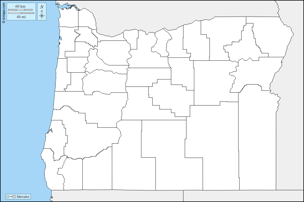 Oregon : d-maps.com: mappa gratuita, mappa muta gratuita, cartina muta gratuita : frontiere, contee