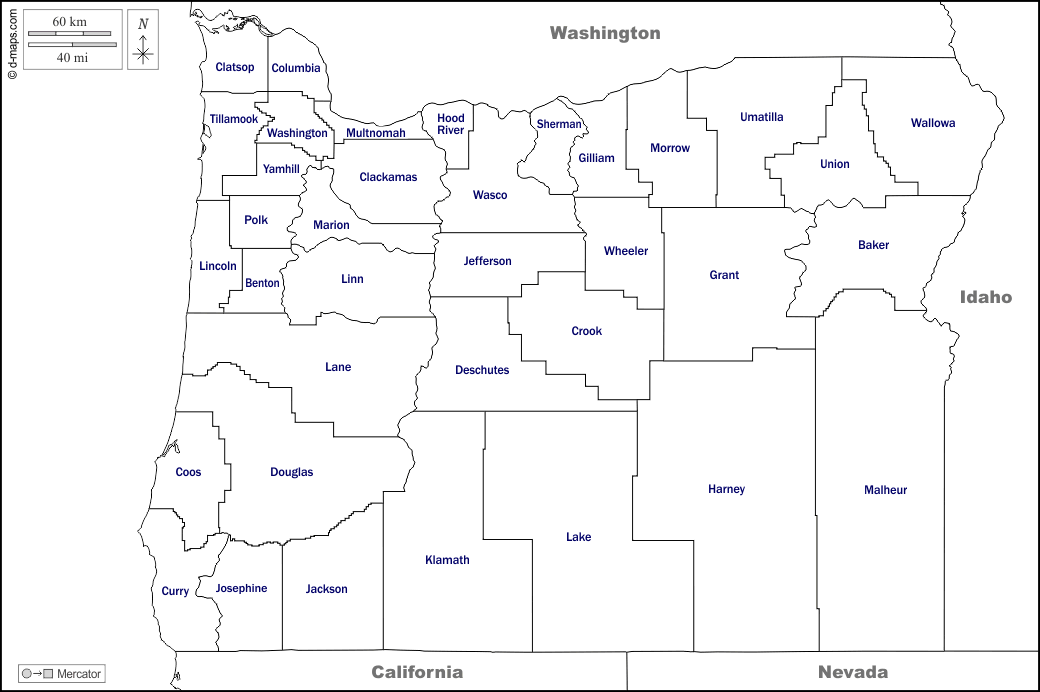 Oregon : d-maps.com: mappa gratuita, mappa muta gratuita, cartina muta gratuita : frontiere, contee, nomi, bianco