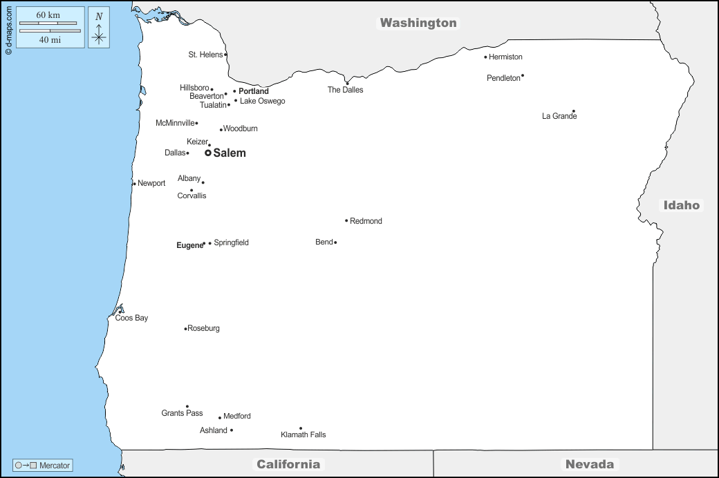 Oregon : d-maps.com: mappa gratuita, mappa muta gratuita, cartina muta gratuita : frontiere, principali città, nomi