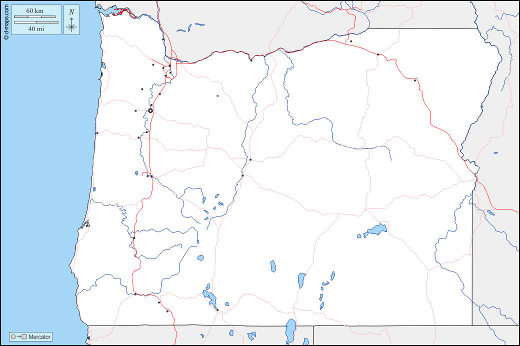 Oregon : d-maps.com: mappa gratuita, mappa muta gratuita, cartina muta gratuita : frontiere, idrografia, principali città, strade