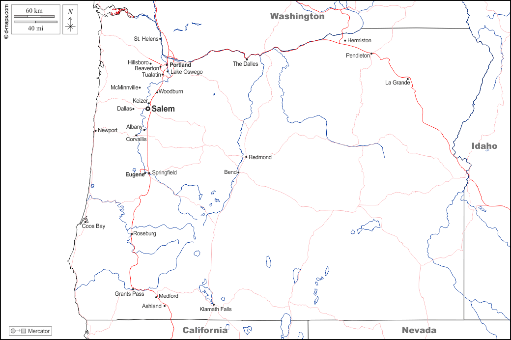 Oregon : d-maps.com: mappa gratuita, mappa muta gratuita, cartina muta gratuita : frontiere, idrografia, principali città, strade, nomi, bianco