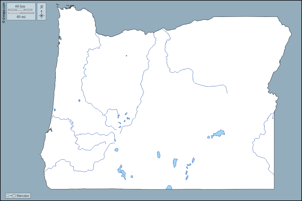 Oregon : d-maps.com: mappa gratuita, mappa muta gratuita, cartina muta gratuita : contorni, idrografia