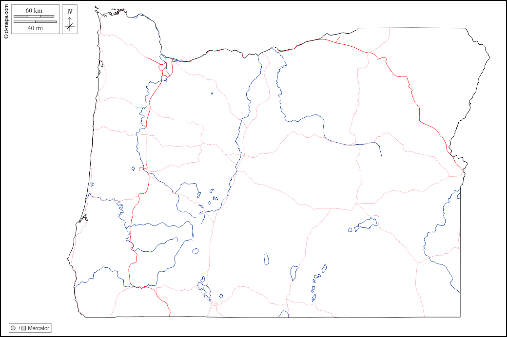 Oregon : d-maps.com: mappa gratuita, mappa muta gratuita, cartina muta gratuita : contorni, idrografia, strade, bianco