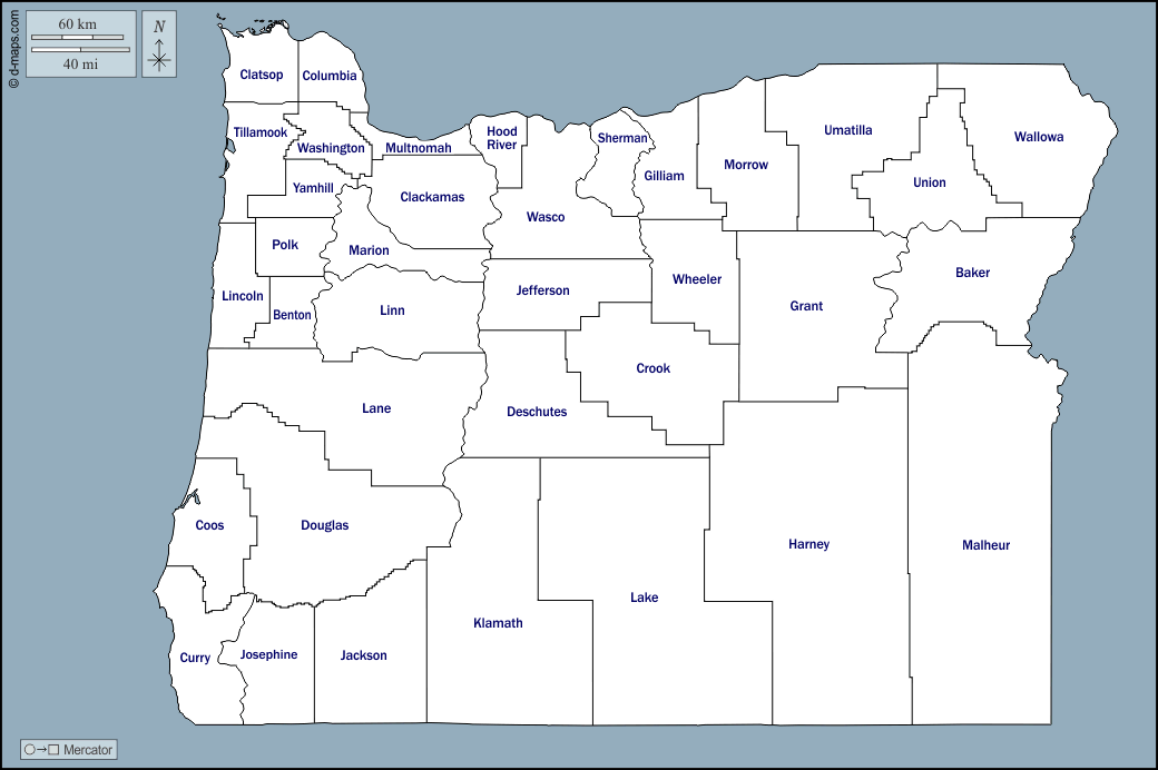 Oregon : d-maps.com: mappa gratuita, mappa muta gratuita, cartina muta gratuita : contorni, contee, nomi