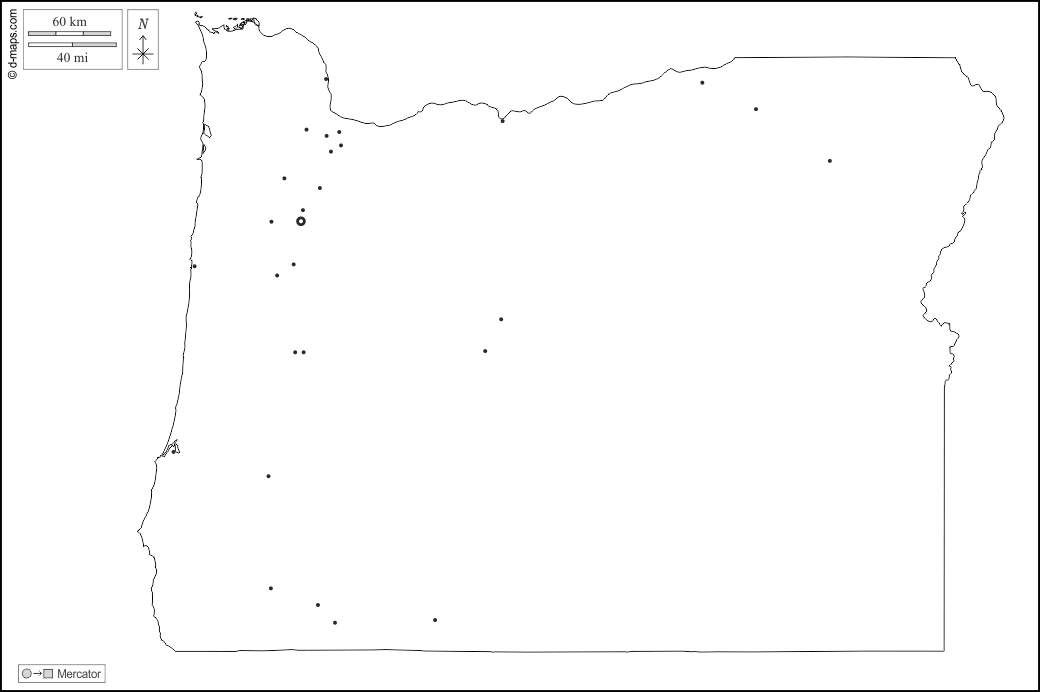 Oregon : d-maps.com: mappa gratuita, mappa muta gratuita, cartina muta gratuita : contorni, principali città, bianco