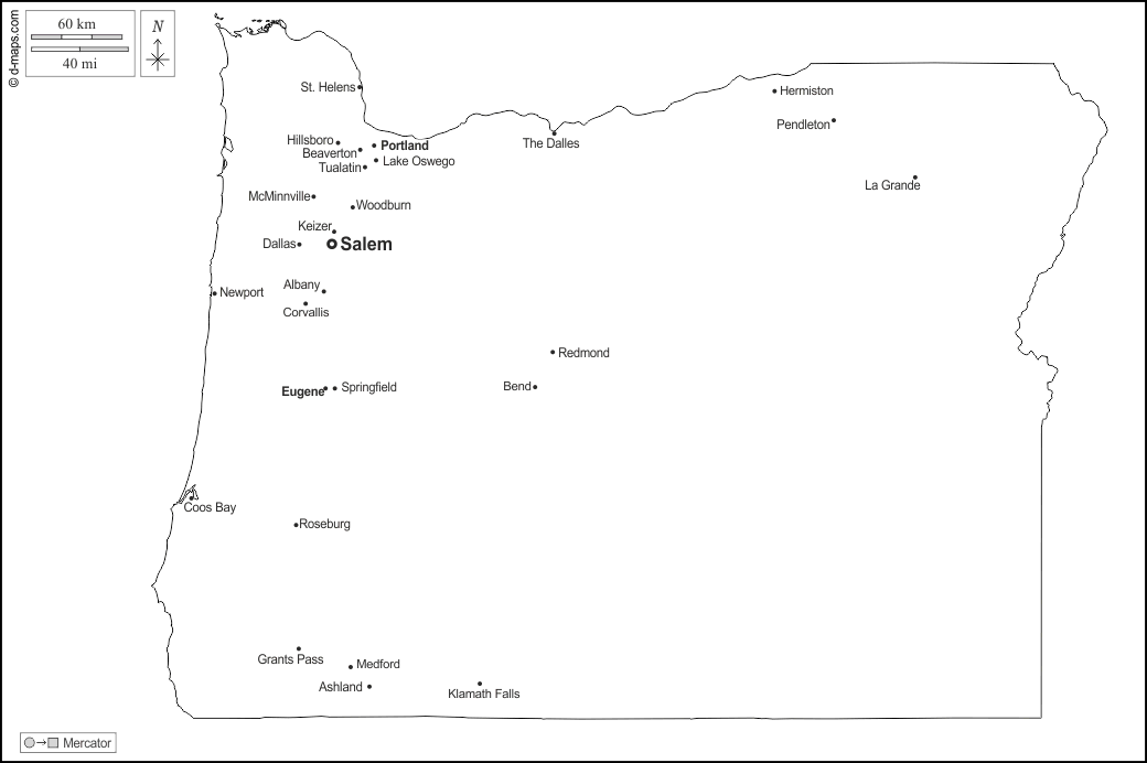 Oregon : d-maps.com: mappa gratuita, mappa muta gratuita, cartina muta gratuita : contorni, principali città, nomi, bianco