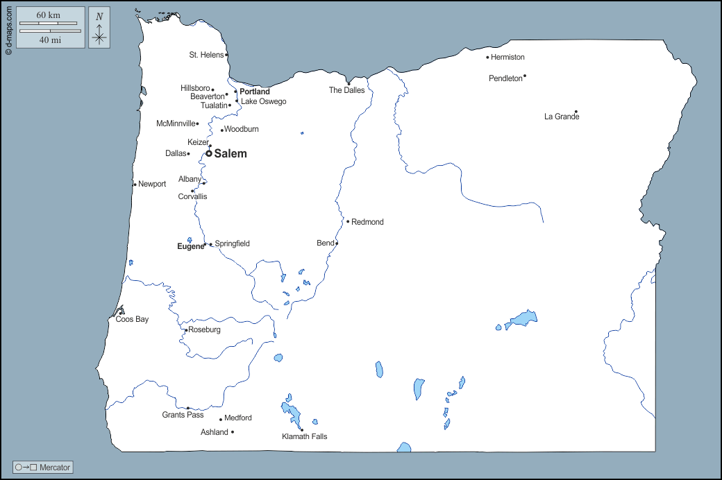 Oregon : d-maps.com: mappa gratuita, mappa muta gratuita, cartina muta gratuita : contorni, idrografia, principali città, nomi