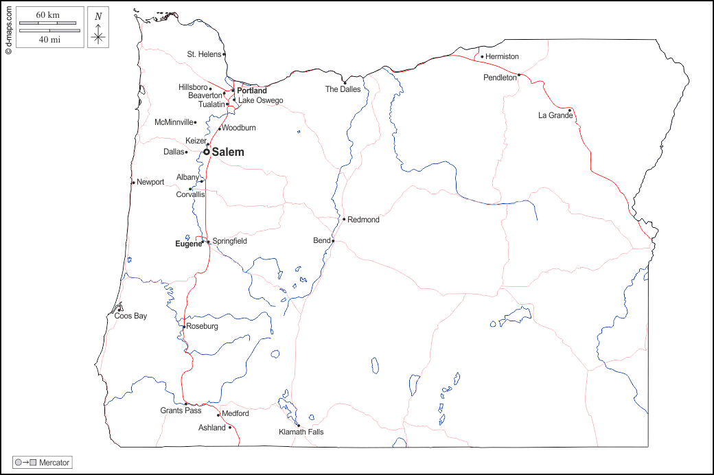 Oregon : d-maps.com: mappa gratuita, mappa muta gratuita, cartina muta gratuita : contorni, idrografia, principali città, strade, nomi, bianco
