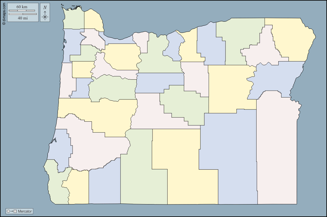 Oregon : d-maps.com: mappa gratuita, mappa muta gratuita, cartina muta gratuita : contorni, contee, colore