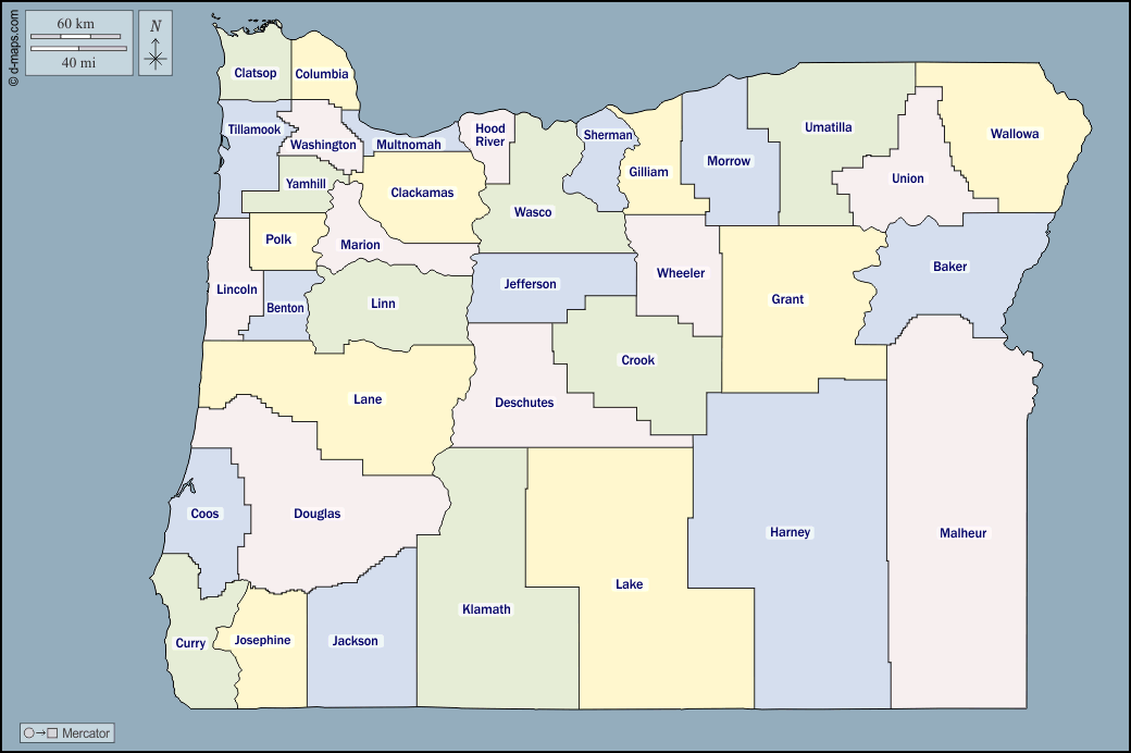 Oregon : d-maps.com: mappa gratuita, mappa muta gratuita, cartina muta gratuita : contorni, contee, nomi, colore