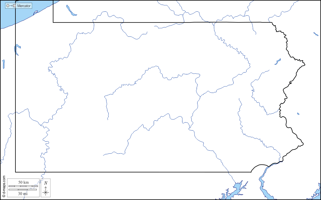 Pennsylvania : d-maps.com: mappa gratuita, mappa muta gratuita, cartina muta gratuita : litorali, limiti, idrografia