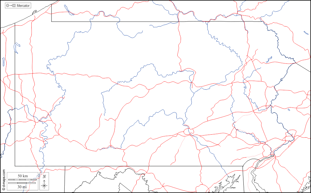 Pennsylvania : d-maps.com: mappa gratuita, mappa muta gratuita, cartina muta gratuita : frontiere, idrografia, strade, bianco
