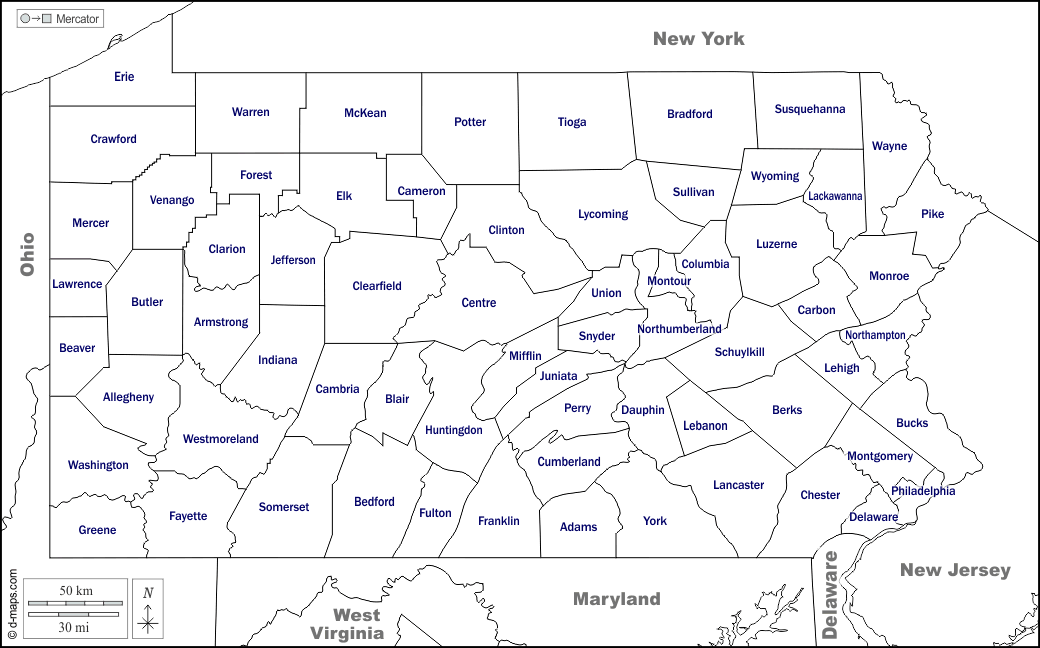 Pennsylvania : d-maps.com: mappa gratuita, mappa muta gratuita, cartina muta gratuita : frontiere, contee, nomi, bianco