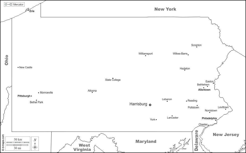 Pennsylvania : d-maps.com: mappa gratuita, mappa muta gratuita, cartina muta gratuita : frontiere, principali città, nomi, bianco