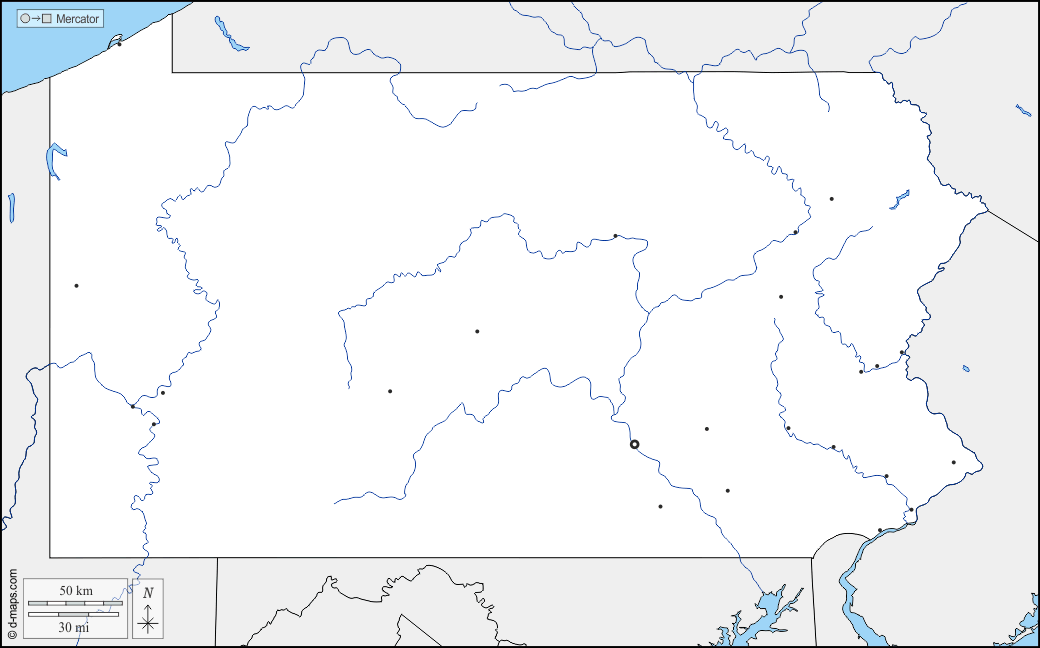 Pennsylvania : d-maps.com: mappa gratuita, mappa muta gratuita, cartina muta gratuita : frontiere, idrografia, principali città