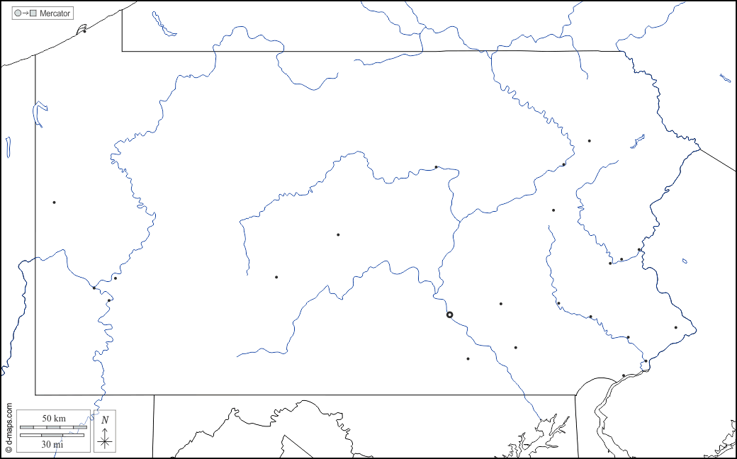 Pennsylvania : d-maps.com: mappa gratuita, mappa muta gratuita, cartina muta gratuita : frontiere, idrografia, principali città, bianco