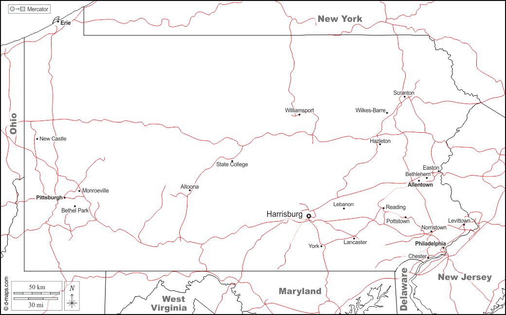 Pennsylvania : d-maps.com: mappa gratuita, mappa muta gratuita, cartina muta gratuita : frontiere, principali città, strade, nomi, bianco