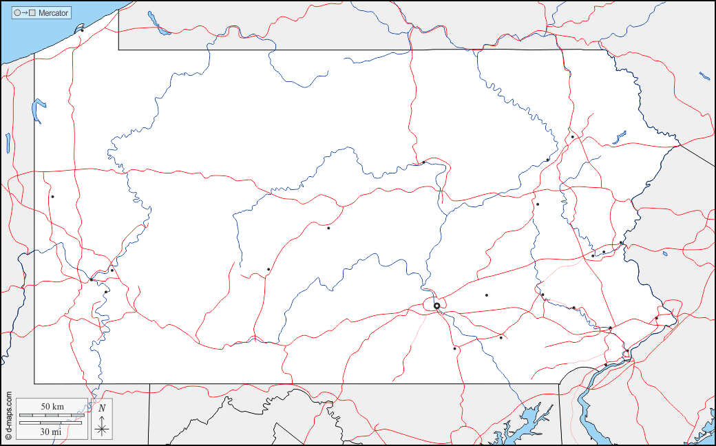Pennsylvania : d-maps.com: mappa gratuita, mappa muta gratuita, cartina muta gratuita : frontiere, idrografia, principali città, strade