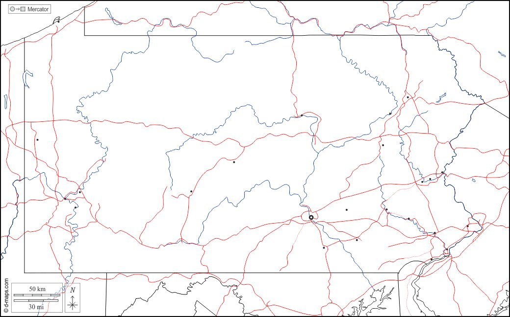 Pennsylvania : d-maps.com: mappa gratuita, mappa muta gratuita, cartina muta gratuita : frontiere, idrografia, principali città, strade, bianco