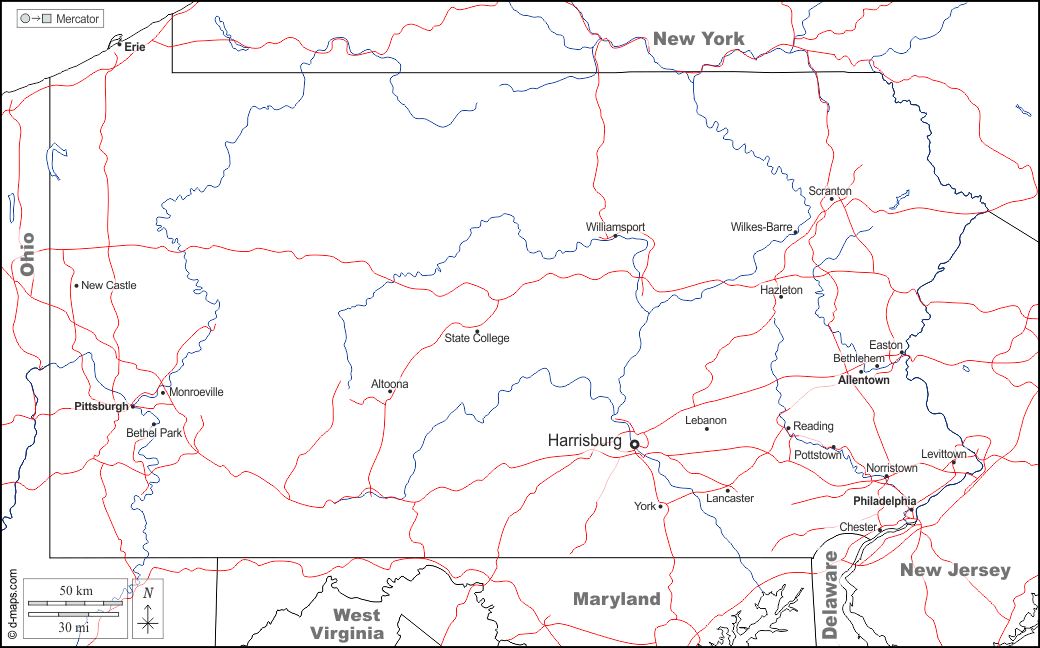 Pennsylvania : d-maps.com: mappa gratuita, mappa muta gratuita, cartina muta gratuita : frontiere, idrografia, principali città, strade, nomi, bianco