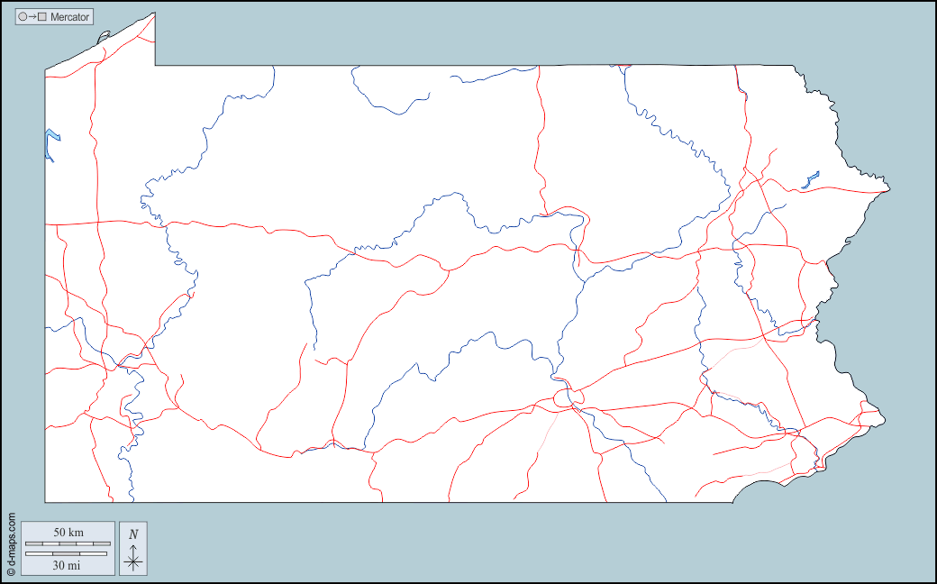 Pennsylvania : d-maps.com: mappa gratuita, mappa muta gratuita, cartina muta gratuita : contorni, idrografia, strade