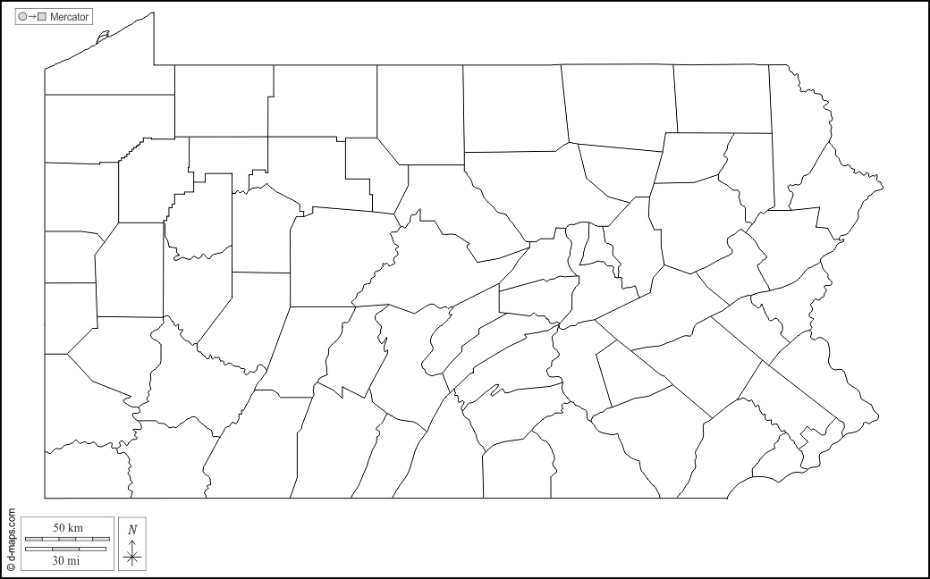 Pennsylvania : d-maps.com: mappa gratuita, mappa muta gratuita, cartina muta gratuita : contorni, contee, bianco
