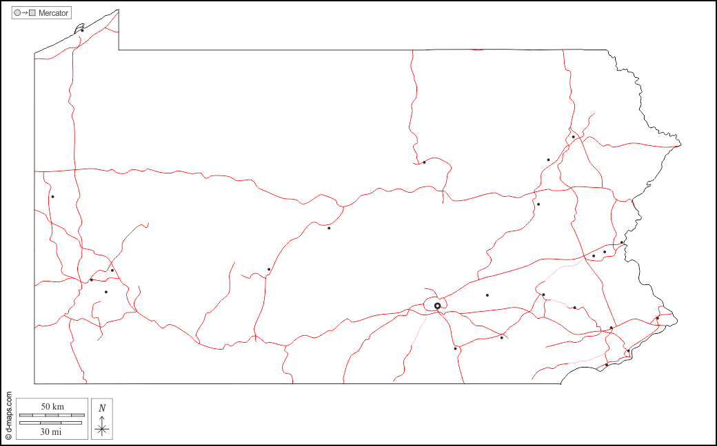 Pennsylvania : d-maps.com: mappa gratuita, mappa muta gratuita, cartina muta gratuita : contorni, principali città, strade, bianco