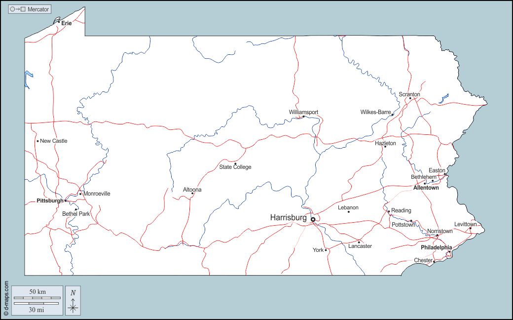 Pennsylvania : d-maps.com: mappa gratuita, mappa muta gratuita, cartina muta gratuita : contorni, idrografia, principali città, strade, nomi