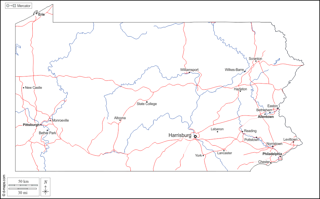 Pennsylvania : d-maps.com: mappa gratuita, mappa muta gratuita, cartina muta gratuita : contorni, idrografia, principali città, strade, nomi, bianco