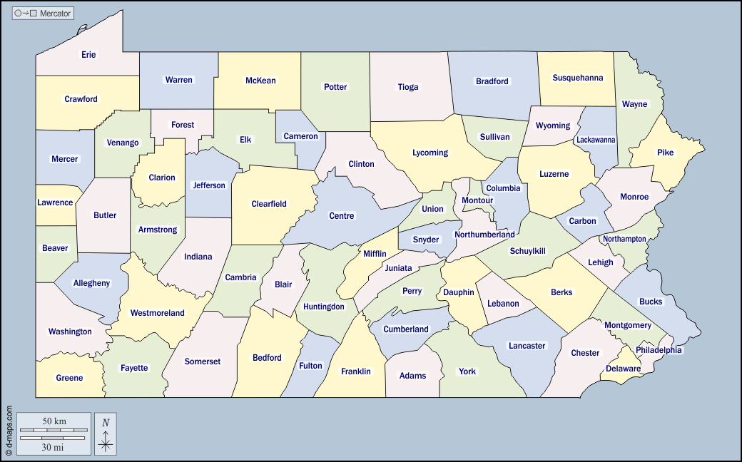 Pennsylvania : d-maps.com: mappa gratuita, mappa muta gratuita, cartina muta gratuita : contorni, contee, nomi, colore