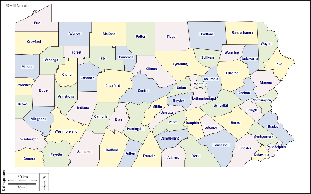 Pennsylvania : d-maps.com: mappa gratuita, mappa muta gratuita, cartina muta gratuita : contorni, contee, nomi, colore, bianco