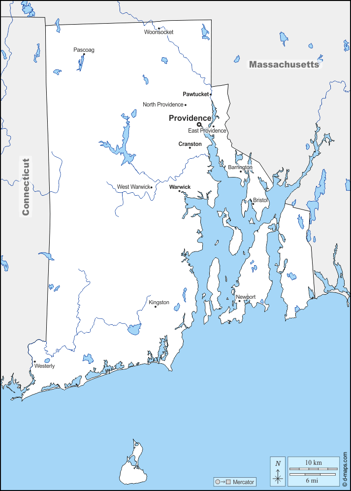 Rhode Island : d-maps.com: mappa gratuita, mappa muta gratuita, cartina muta gratuita : frontiere, idrografia, principali città, nomi