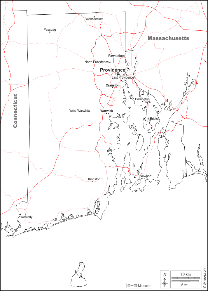 Rhode Island : d-maps.com: mappa gratuita, mappa muta gratuita, cartina muta gratuita : frontiere, principali città, strade, nomi, bianco