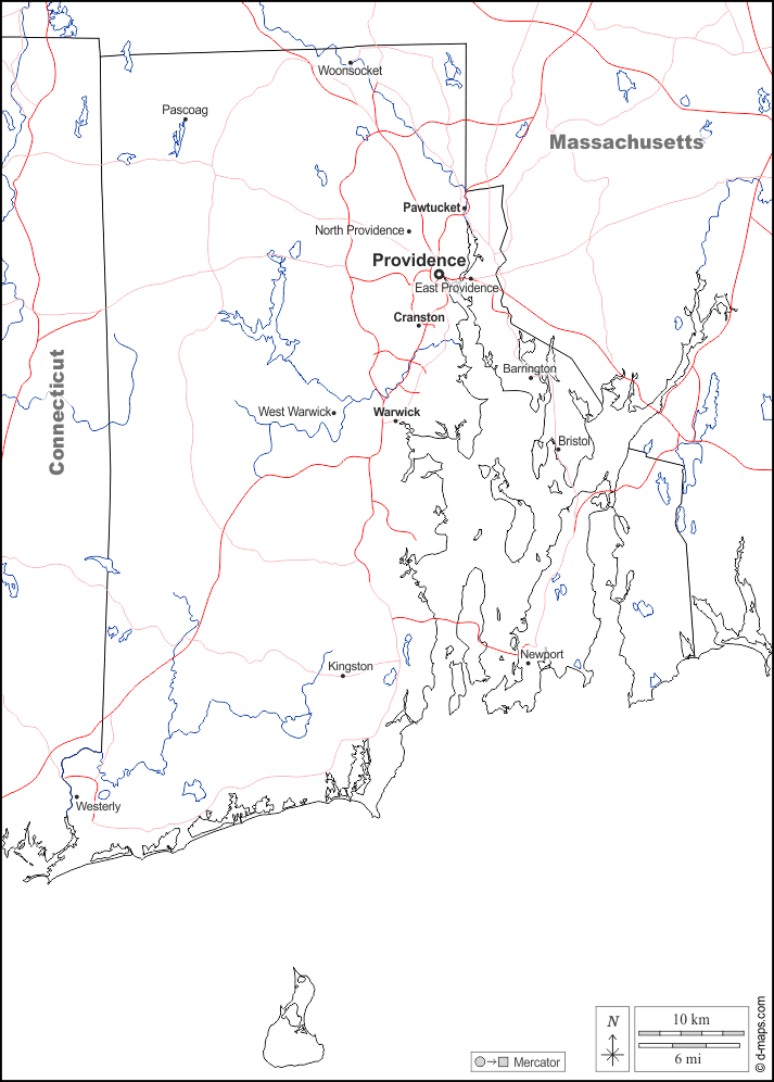 Rhode Island : d-maps.com: mappa gratuita, mappa muta gratuita, cartina muta gratuita : frontiere, idrografia, principali città, strade, nomi, bianco