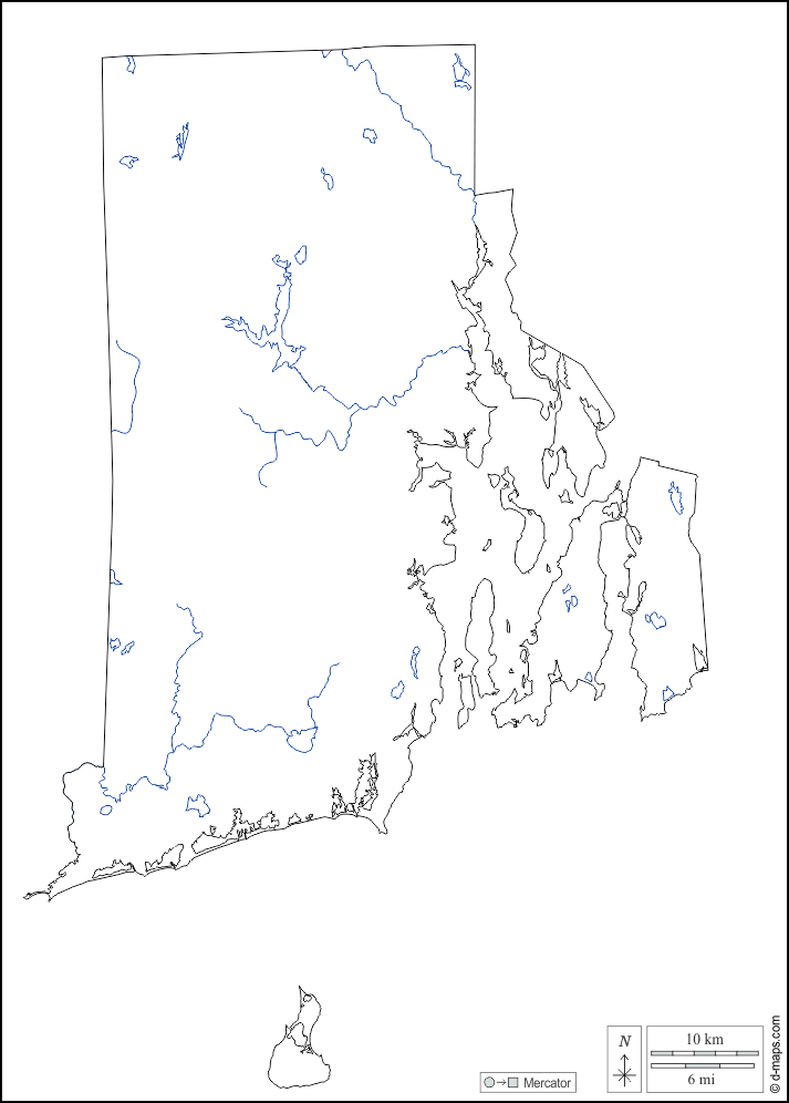 Rhode Island : d-maps.com: mappa gratuita, mappa muta gratuita, cartina muta gratuita : contorni, idrografia, bianco