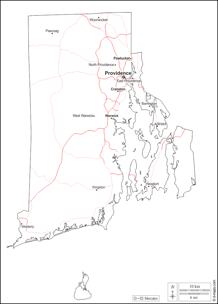 Rhode Island : d-maps.com: mappa gratuita, mappa muta gratuita, cartina muta gratuita : contorni, principali città, strade, nomi, bianco