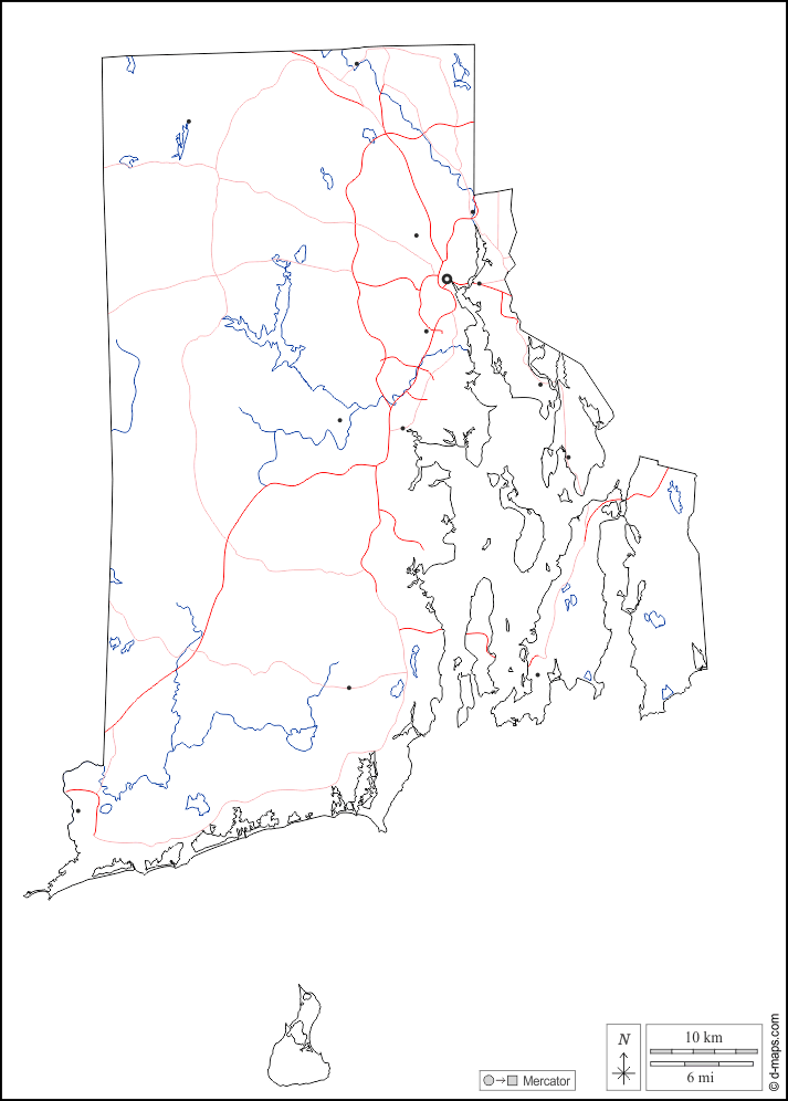Rhode Island : d-maps.com: mappa gratuita, mappa muta gratuita, cartina muta gratuita : contorni, idrografia, principali città, strade, bianco