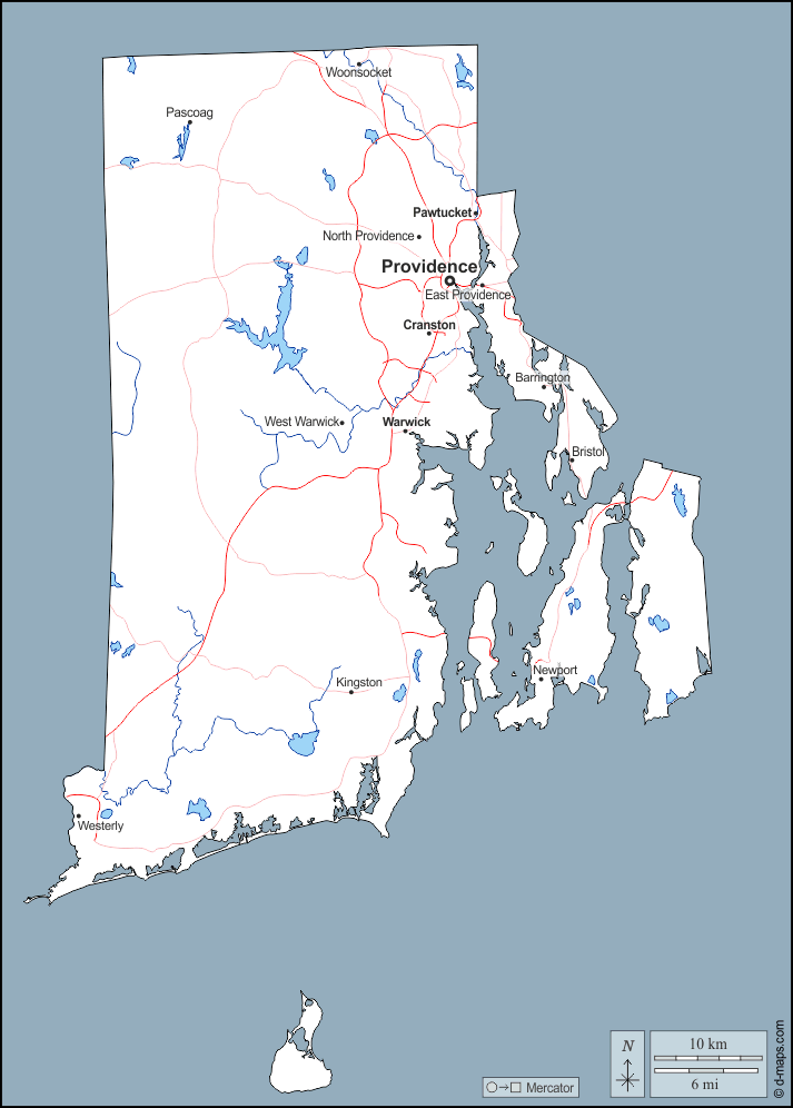Rhode Island : d-maps.com: mappa gratuita, mappa muta gratuita, cartina muta gratuita : contorni, idrografia, principali città, strade, nomi