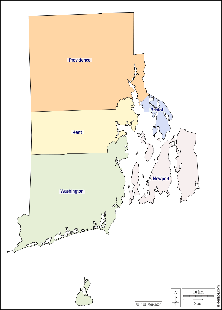 Rhode Island : d-maps.com: mappa gratuita, mappa muta gratuita, cartina muta gratuita : contorni, contee, nomi, colore, bianco