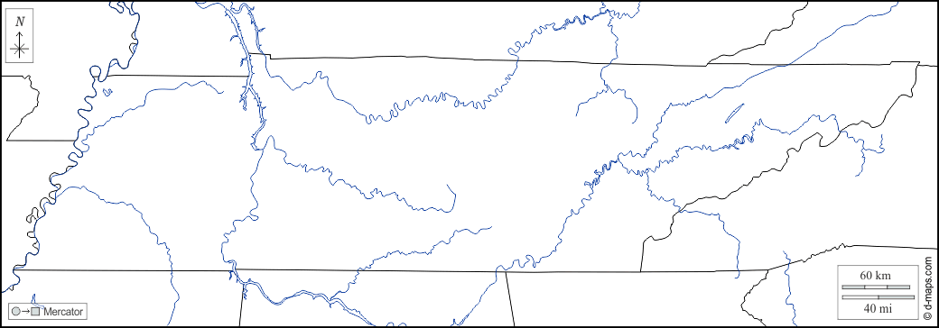 Tennessee : d-maps.com: mappa gratuita, mappa muta gratuita, cartina muta gratuita : frontiere, idrografia, bianco
