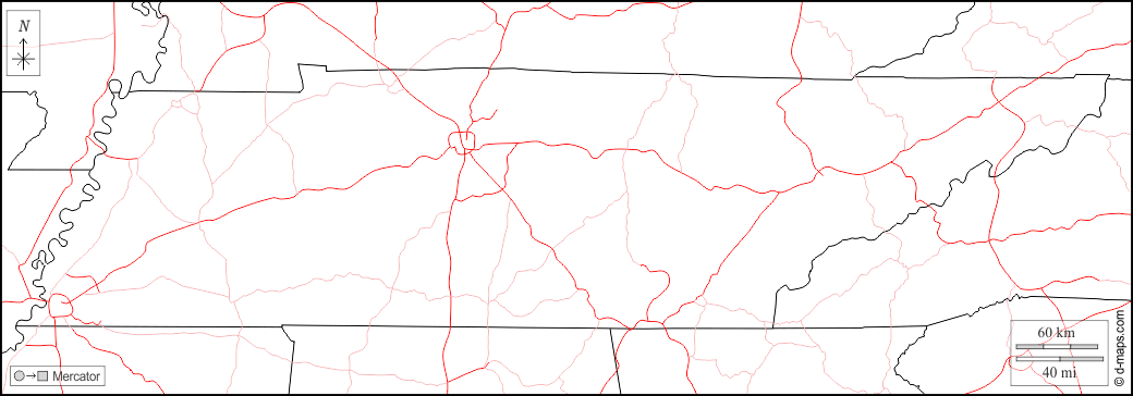Tennessee : d-maps.com: mappa gratuita, mappa muta gratuita, cartina muta gratuita : frontiere, strade, bianco