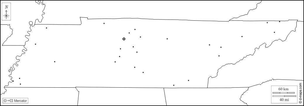 Tennessee : d-maps.com: mappa gratuita, mappa muta gratuita, cartina muta gratuita : frontiere, principali città, bianco
