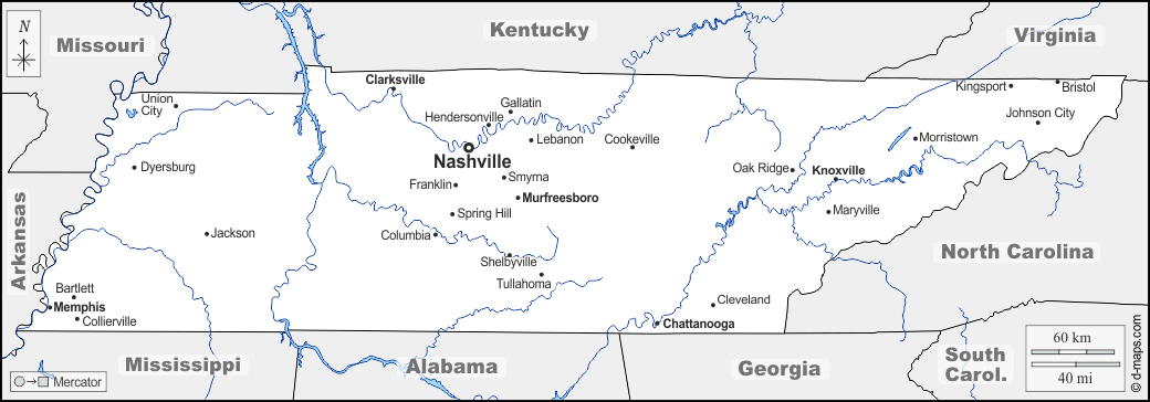 Tennessee : d-maps.com: mappa gratuita, mappa muta gratuita, cartina muta gratuita : frontiere, idrografia, principali città, nomi