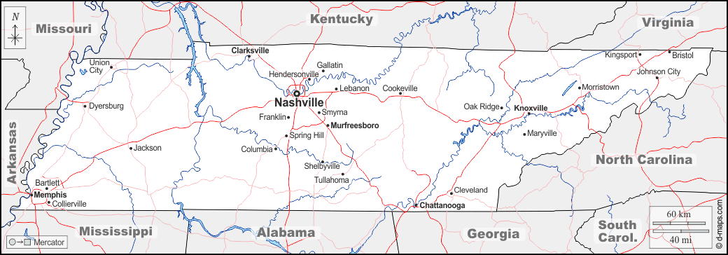 Tennessee : d-maps.com: Kostenlose Karten, kostenlose stumme Karte, kostenlose unausgefüllt Landkarte, kostenlose hochauflösende Umrisskarte : Grenzen, Hydrografie, Wichtige Städte, Straßen, Namen