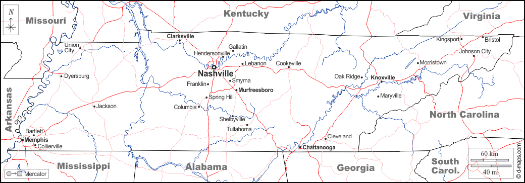 Tennessee : d-maps.com: mappa gratuita, mappa muta gratuita, cartina muta gratuita : frontiere, idrografia, principali città, strade, nomi, bianco