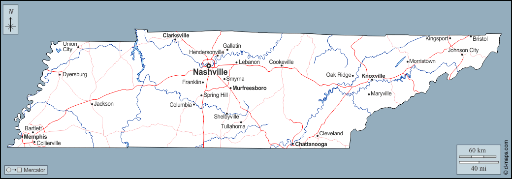 Tennessee : d-maps.com: mappa gratuita, mappa muta gratuita, cartina muta gratuita : contorni, idrografia, principali città, strade, nomi